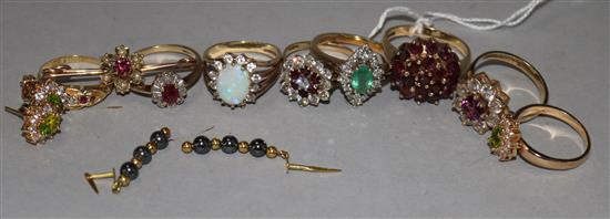 Eight assorted mainly 9ct gold and gem set rings, two pairs of earrings and a brooch.